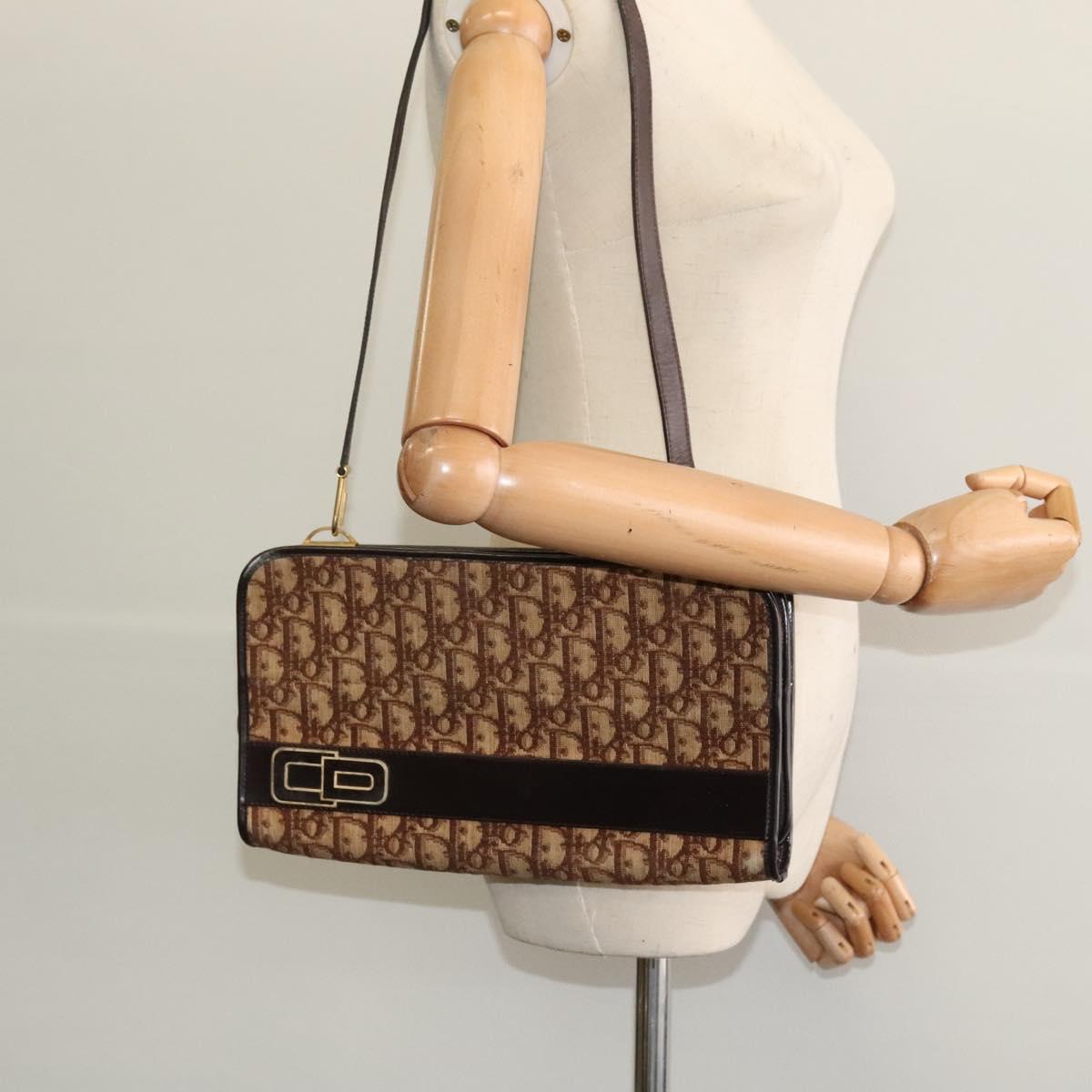 Christian Dior Trotter Canvas Shoulder Bag Brown Gold Auth BA1136