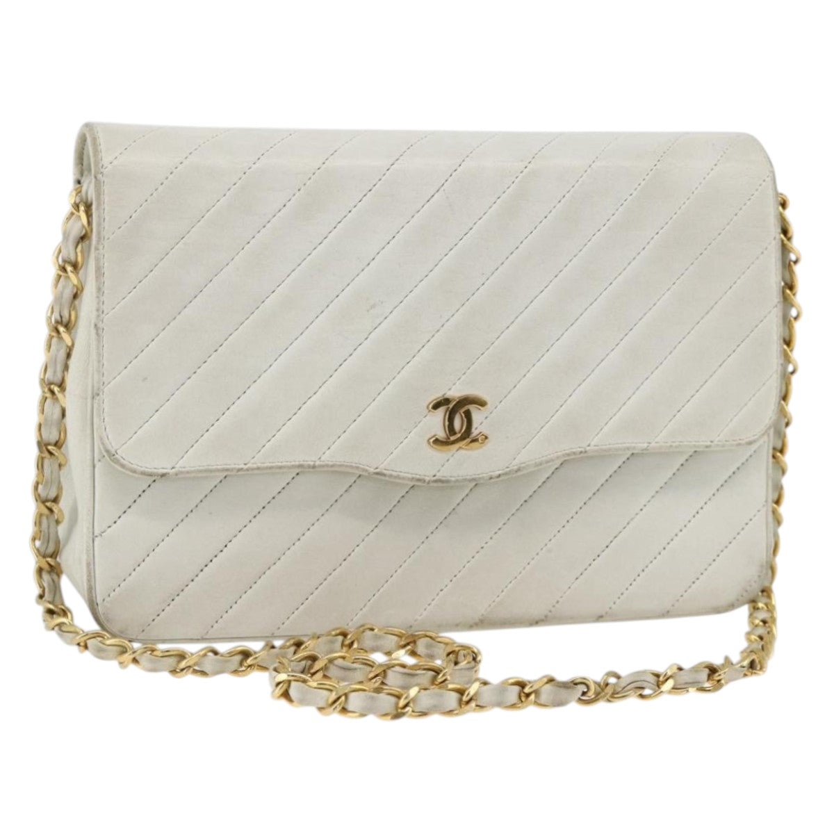 CHANEL Matelasse Chain Shoulder Bag Lamb Skin White Gold CC Auth BA11362A