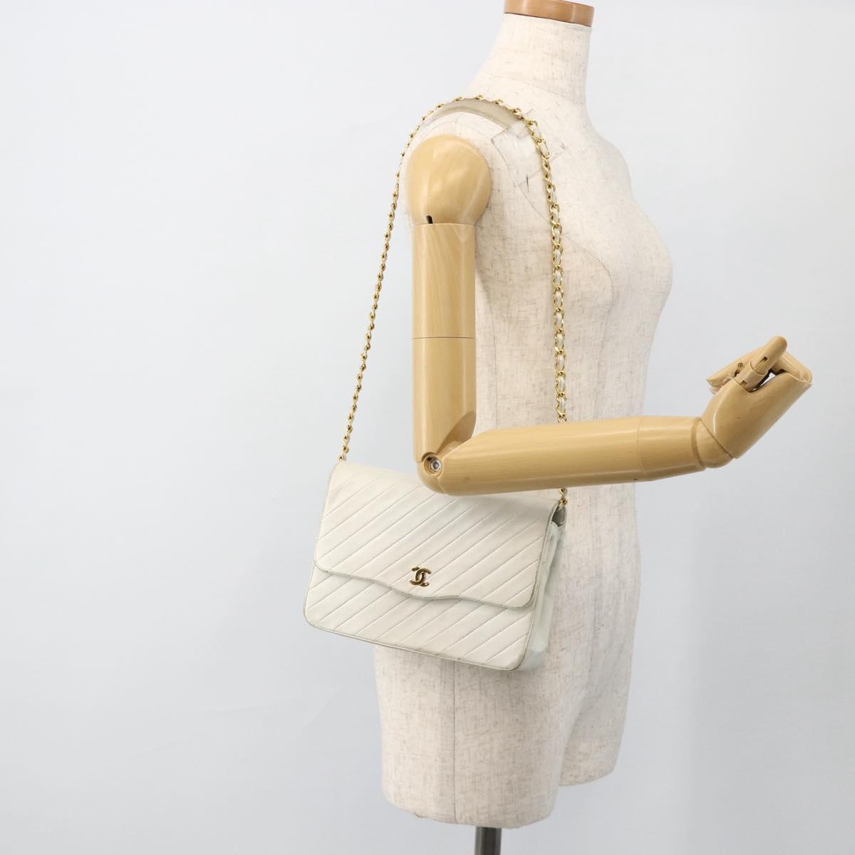 CHANEL Matelasse Chain Shoulder Bag Lamb Skin White Gold CC Auth BA11362A