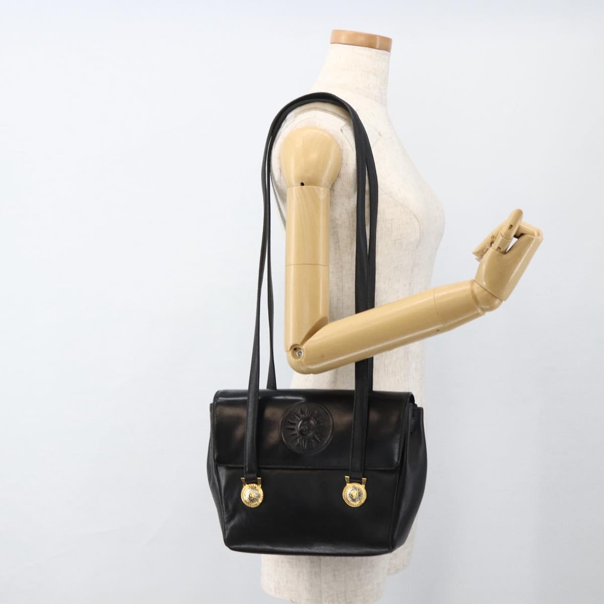 Gianni Versace Shoulder Bag Embossed leather Black Gold Auth BA11363