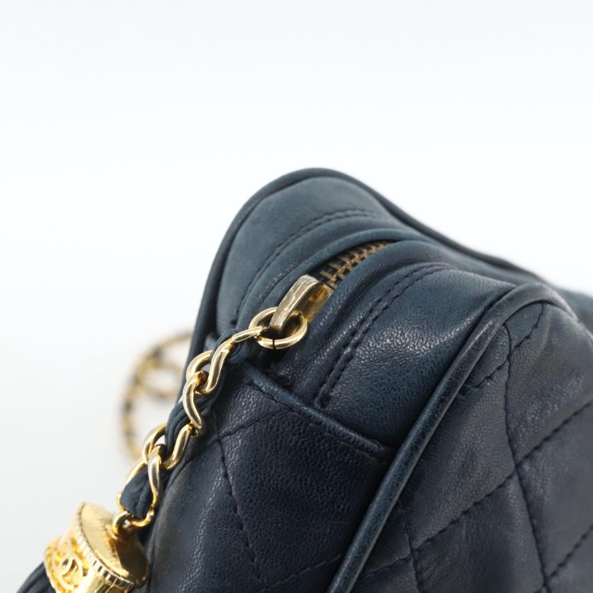 CHANEL Matelasse Chain Shoulder Bag Lamb Skin Navy Gold CC Auth BA11369