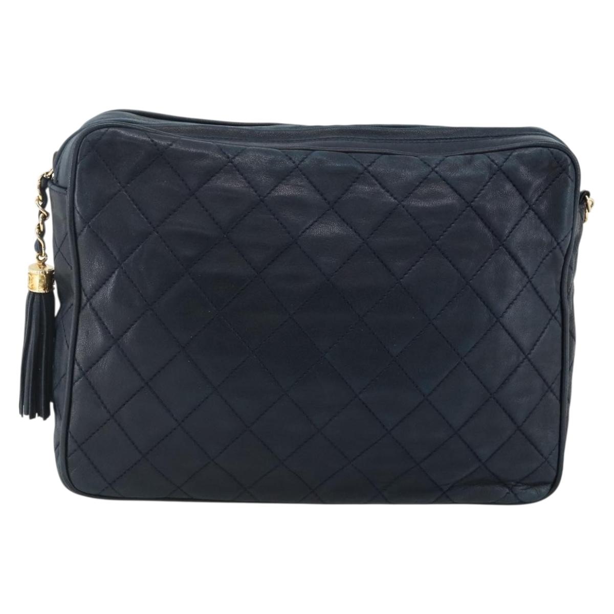 CHANEL Matelasse Chain Shoulder Bag Lamb Skin Navy Gold CC Auth BA11369