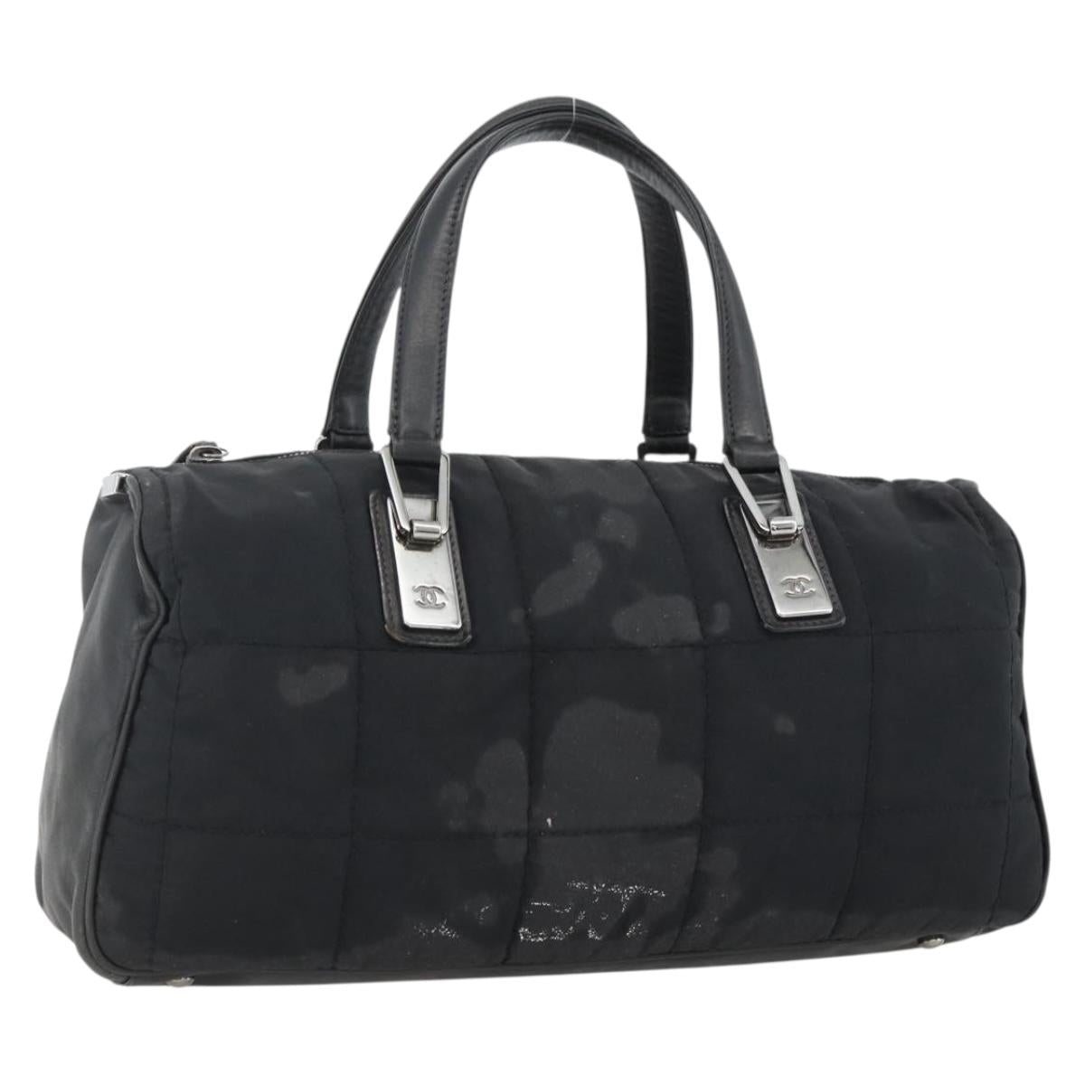 CHANEL Choco Bar Hand Bag Nylon Black Silver CC Auth BA11373