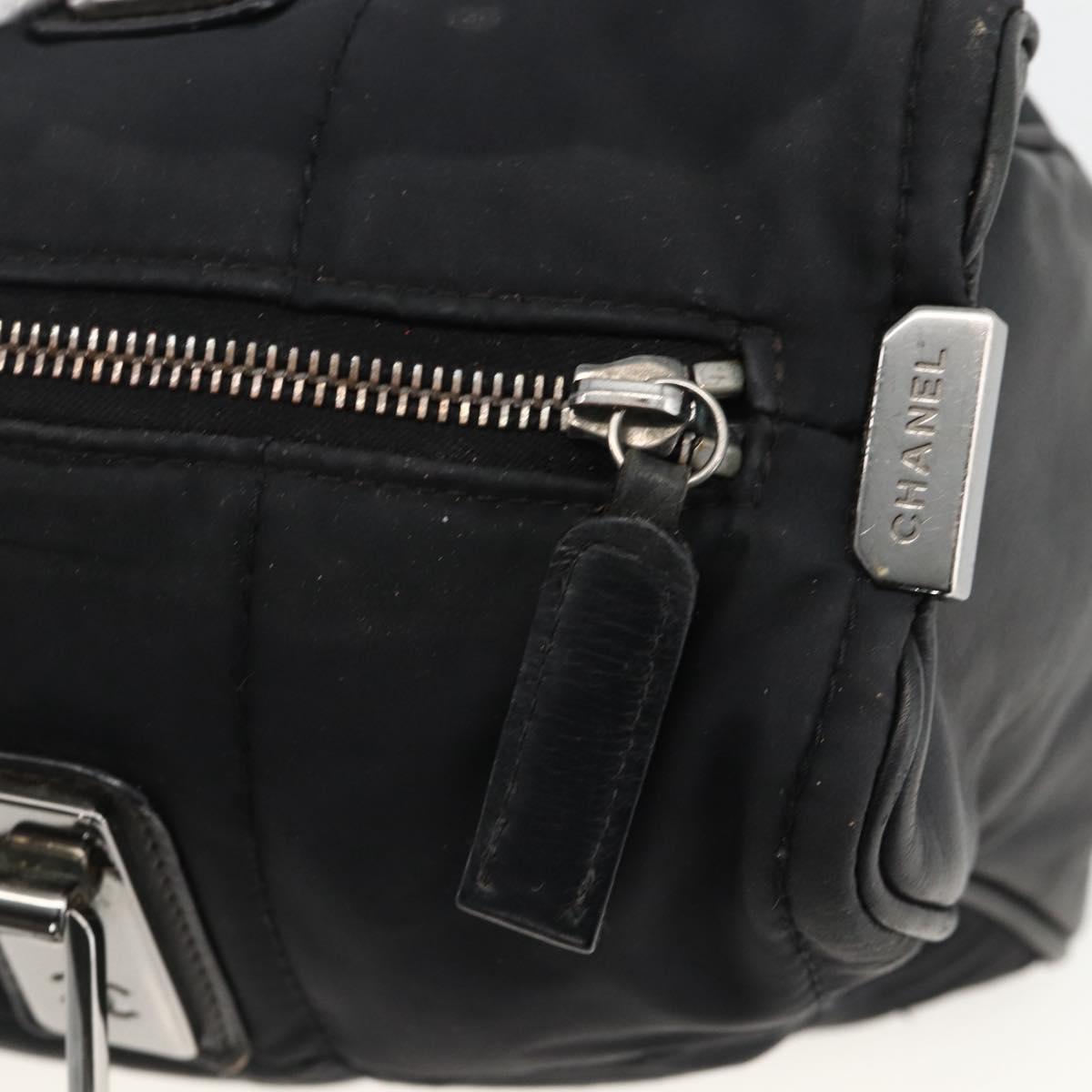 CHANEL Choco Bar Hand Bag Nylon Black Silver CC Auth BA11373