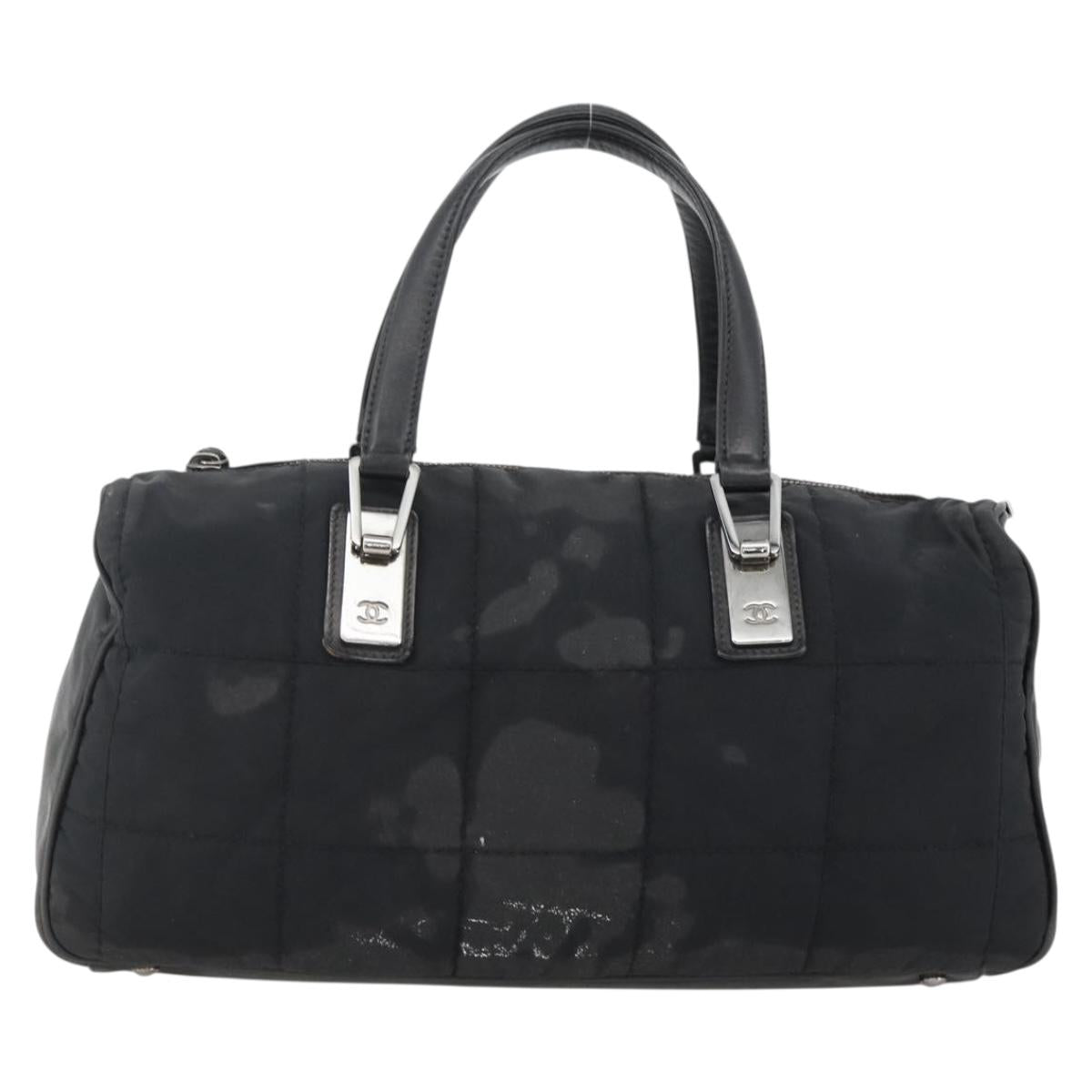 CHANEL Choco Bar Hand Bag Nylon Black Silver CC Auth BA11373