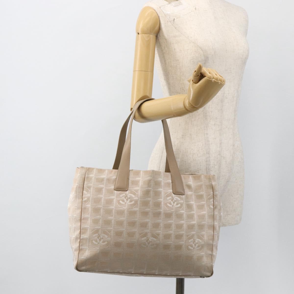 CHANEL New Travel Line Tote Bag Nylon Beige Silver CC Auth BA11399