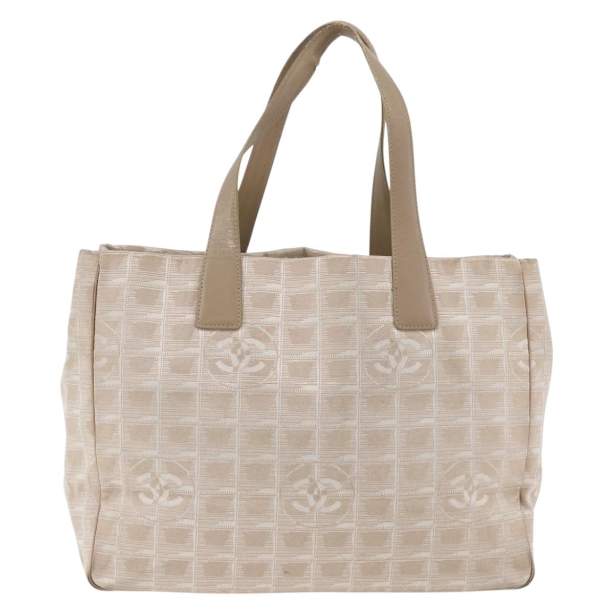 CHANEL New Travel Line Tote Bag Nylon Beige Silver CC Auth BA11399