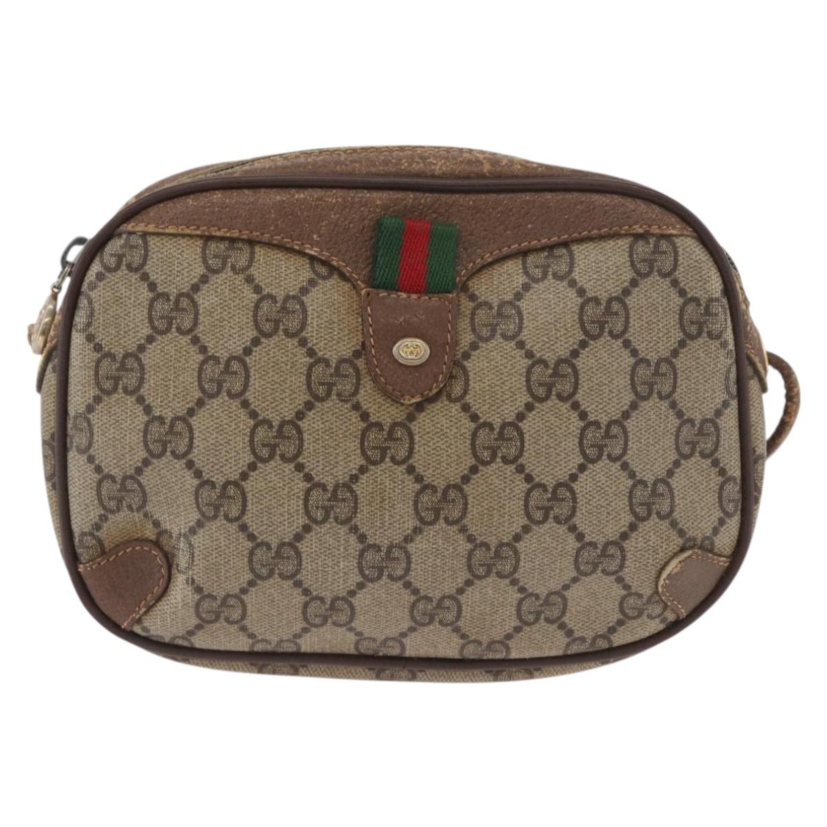 GUCCI GG Supreme Web Sherry Line Bag PVC Beige Gold 156 02 066 Auth BA11402