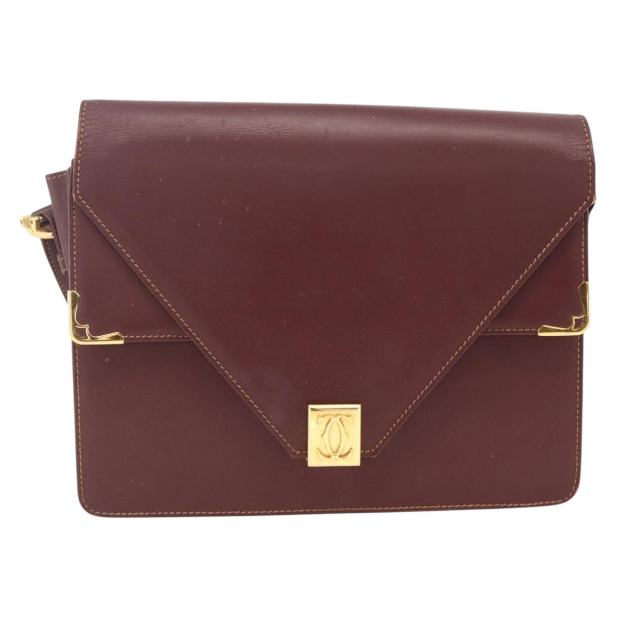 CARTIER Must Line Shoulder Bag Leather Bordeaux Gold Auth BA11403