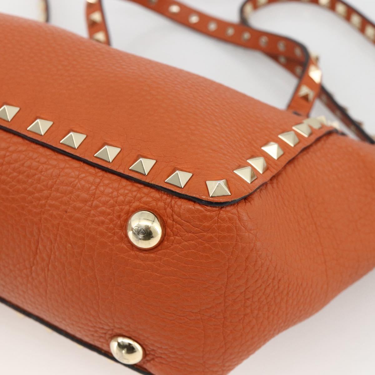 VALENTINO Studs Hand Bag Leather 2way Gold Orange brown Auth BA11416