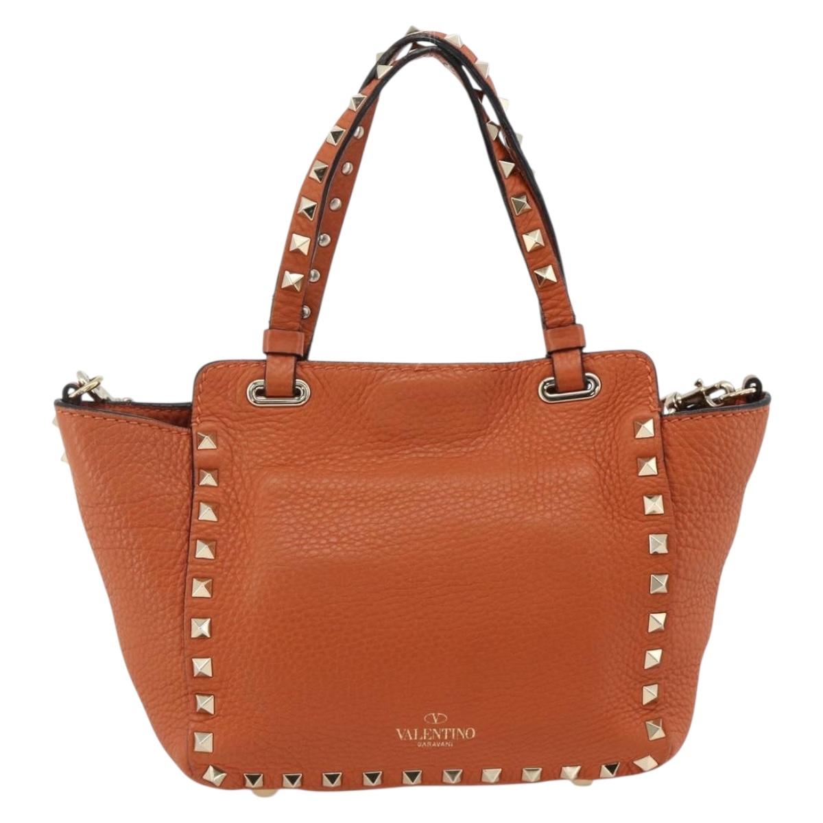 VALENTINO Studs Hand Bag Leather 2way Gold Orange brown Auth BA11416