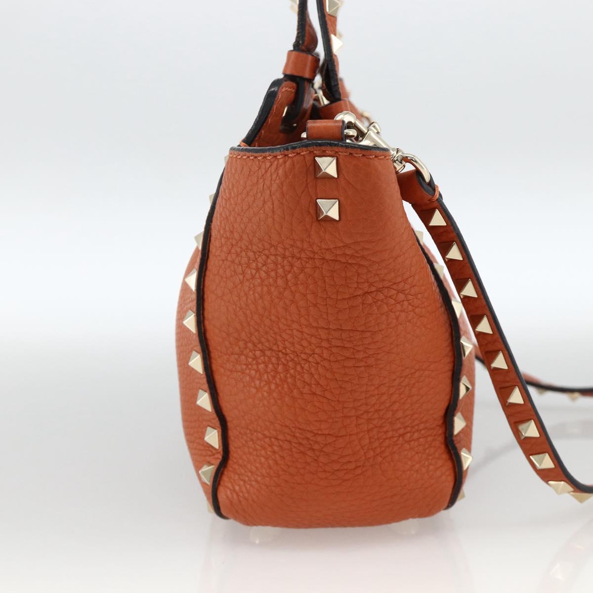 VALENTINO Studs Hand Bag Leather 2way Gold Orange brown Auth BA11416