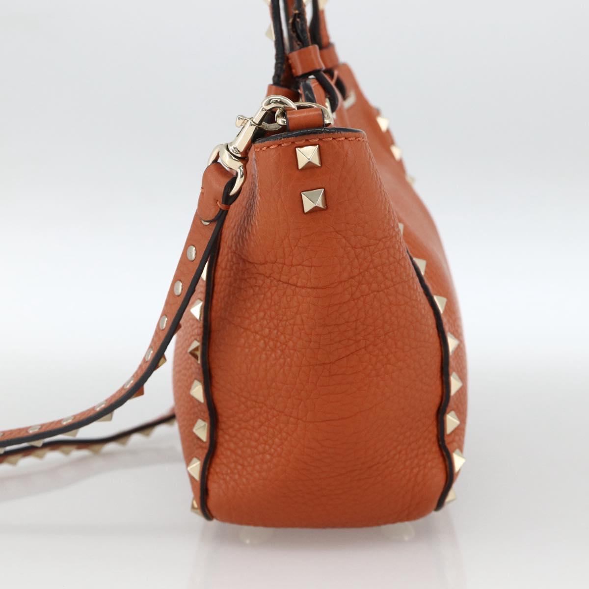 VALENTINO Studs Hand Bag Leather 2way Gold Orange brown Auth BA11416