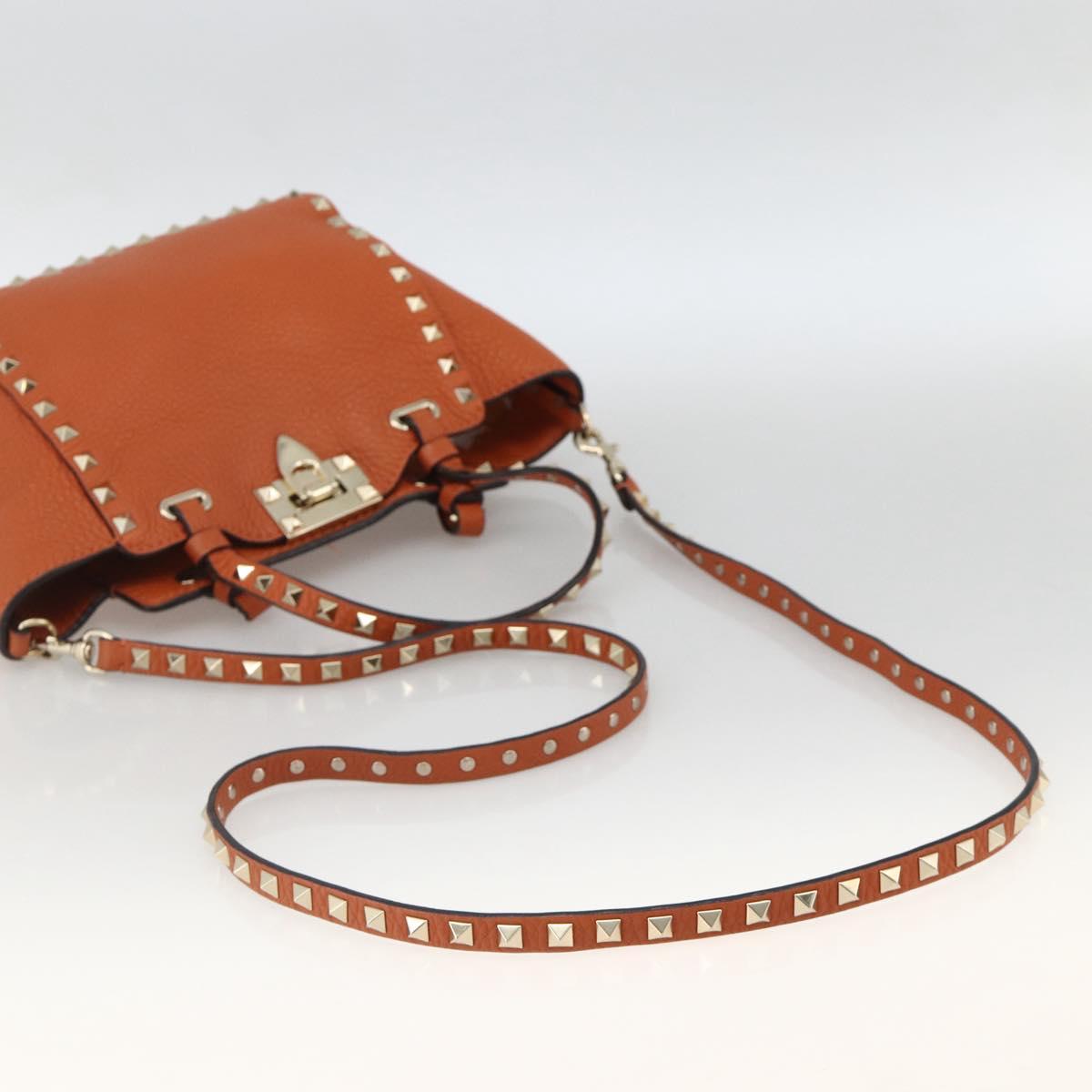 VALENTINO Studs Hand Bag Leather 2way Gold Orange brown Auth BA11416
