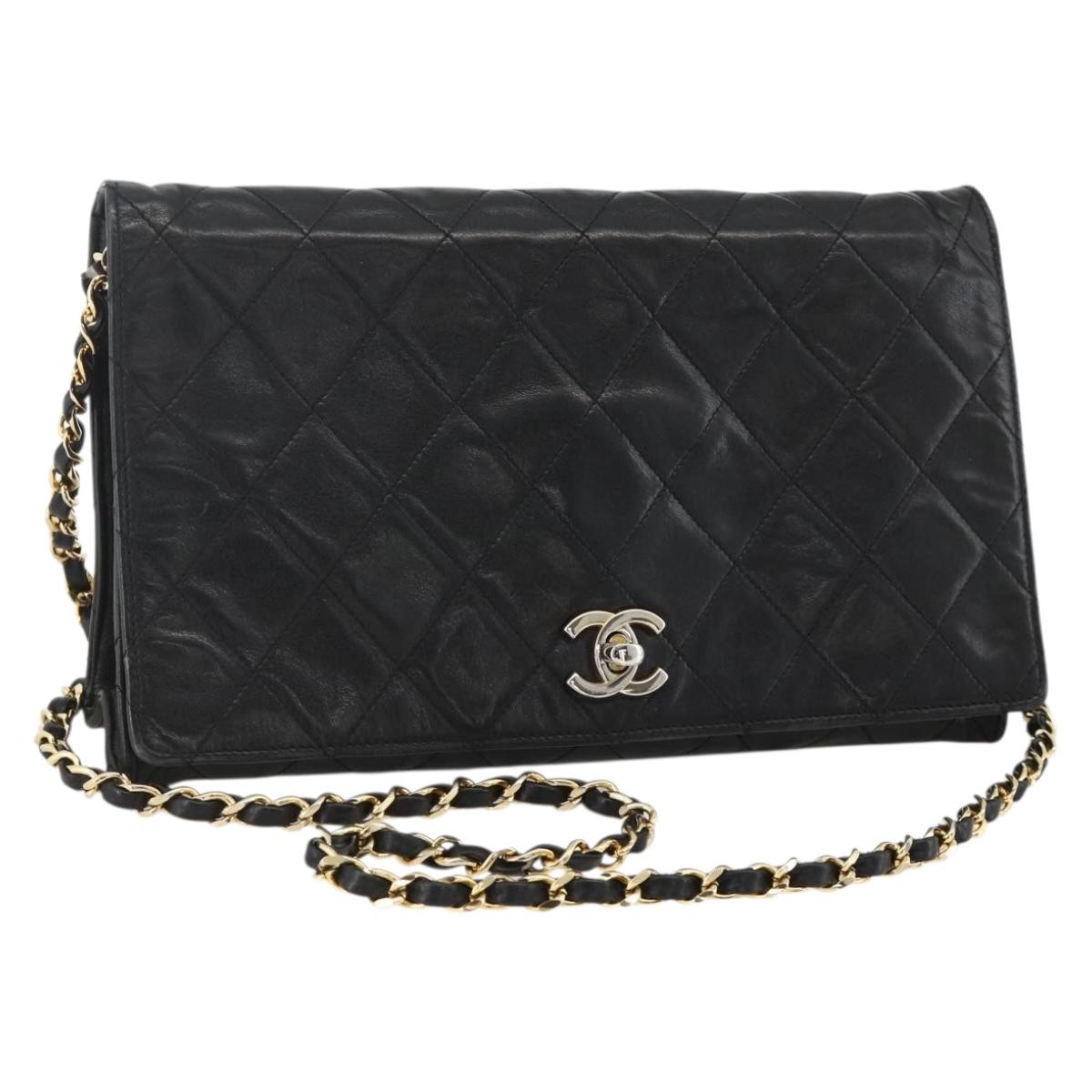 CHANEL Matelasse Chain Shoulder Bag Lamb Skin Black Gold CC Auth BA11430A