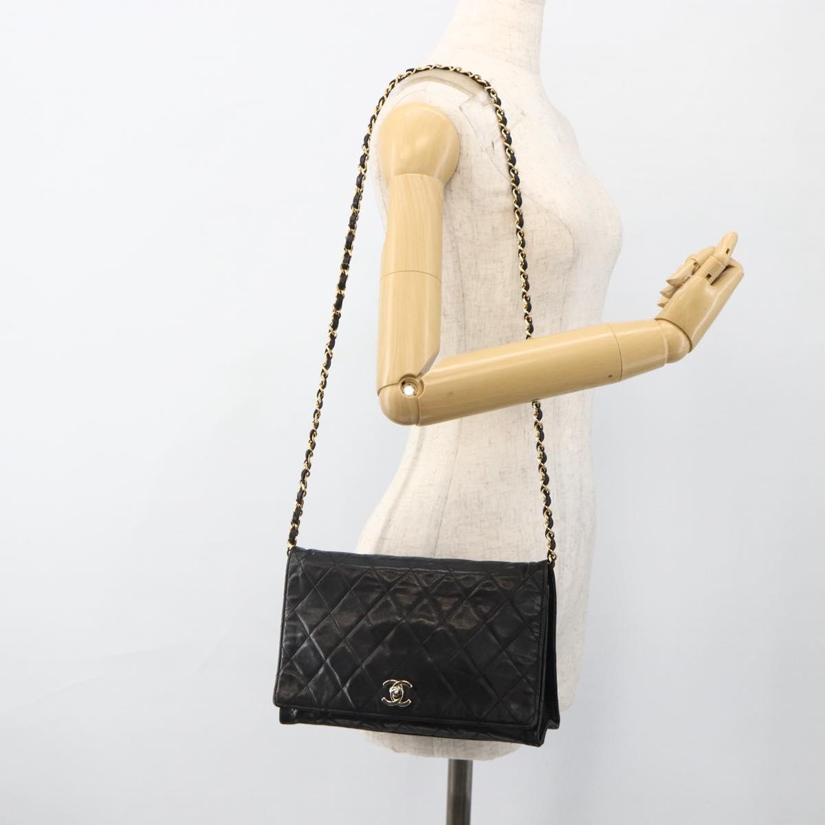 CHANEL Matelasse Chain Shoulder Bag Lamb Skin Black Gold CC Auth BA11430A