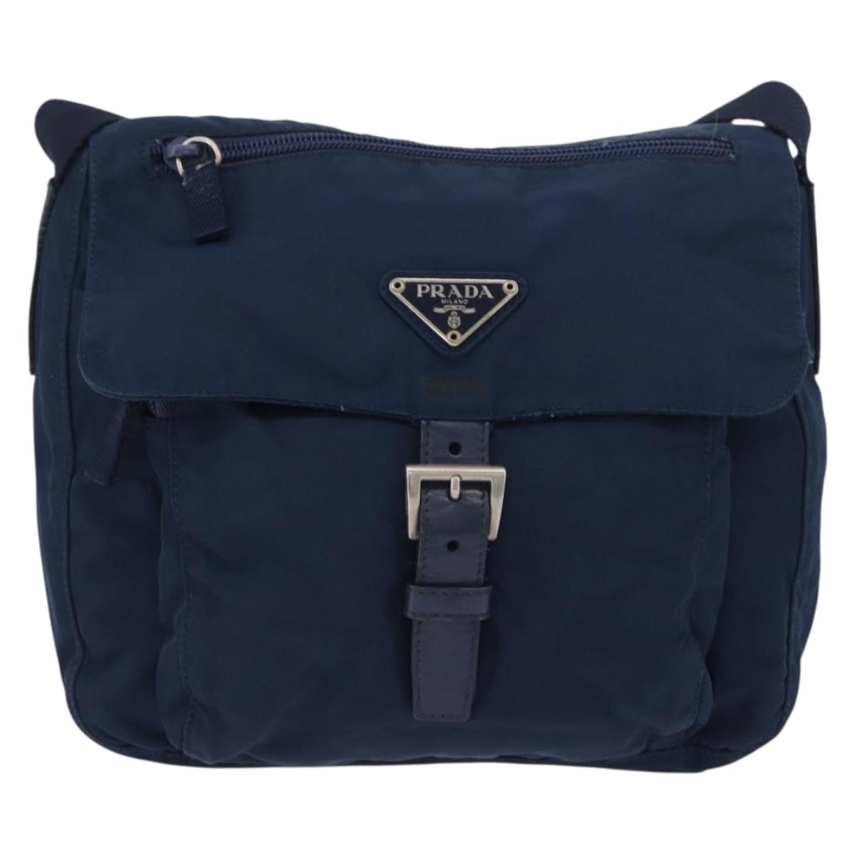 PRADA Shoulder Bag Nylon Navy Silver Auth BA11437