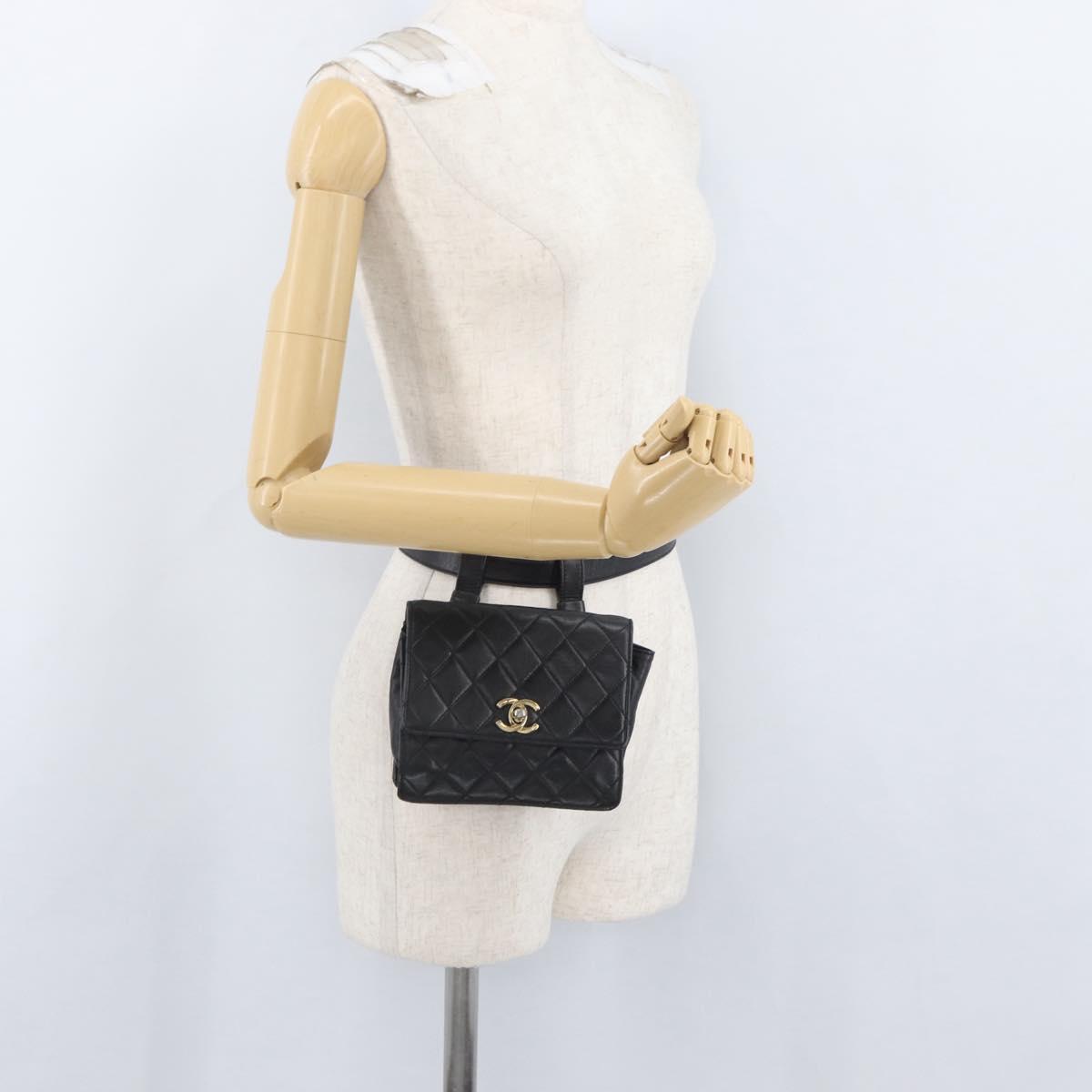 CHANEL Waist Bag Lamb Skin Black Gold CC Auth BA11440A