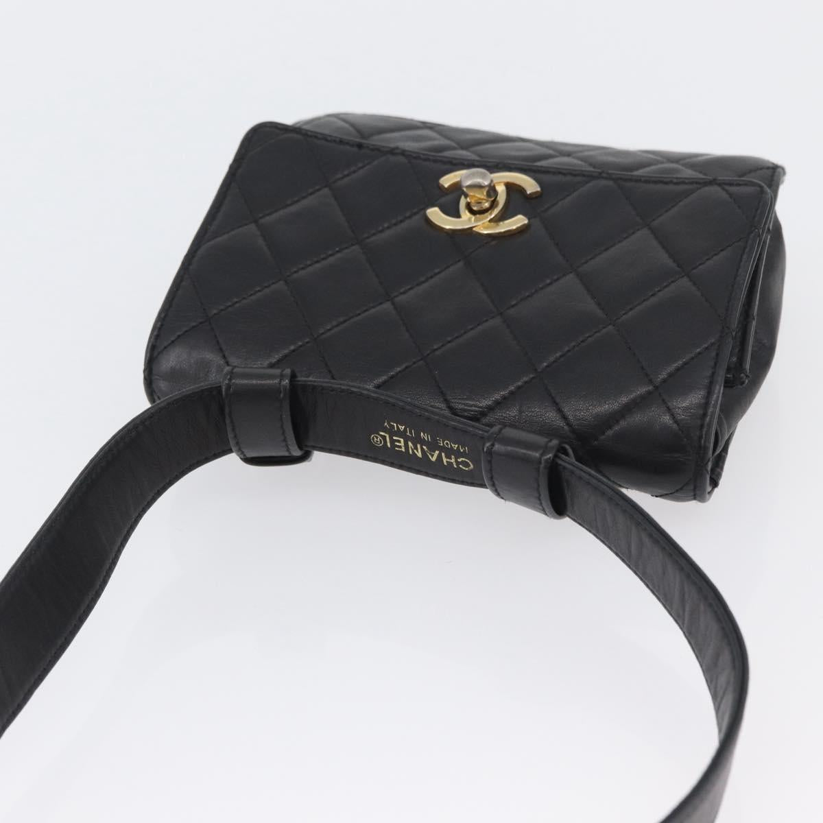 CHANEL Waist Bag Lamb Skin Black Gold CC Auth BA11440A