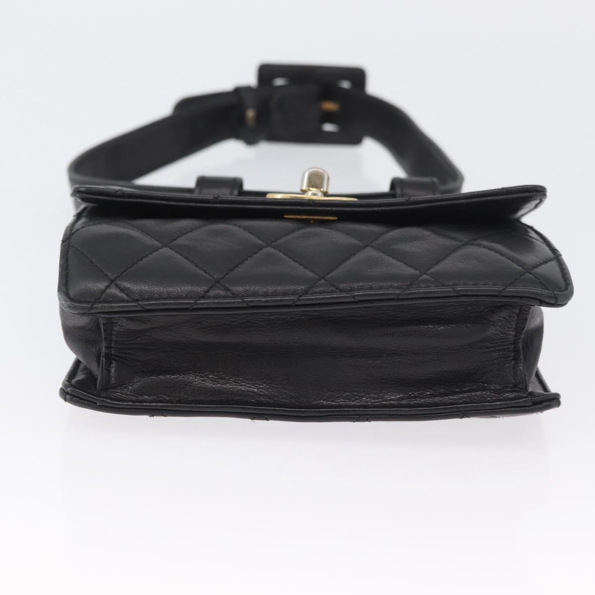 CHANEL Waist Bag Lamb Skin Black Gold CC Auth BA11440A