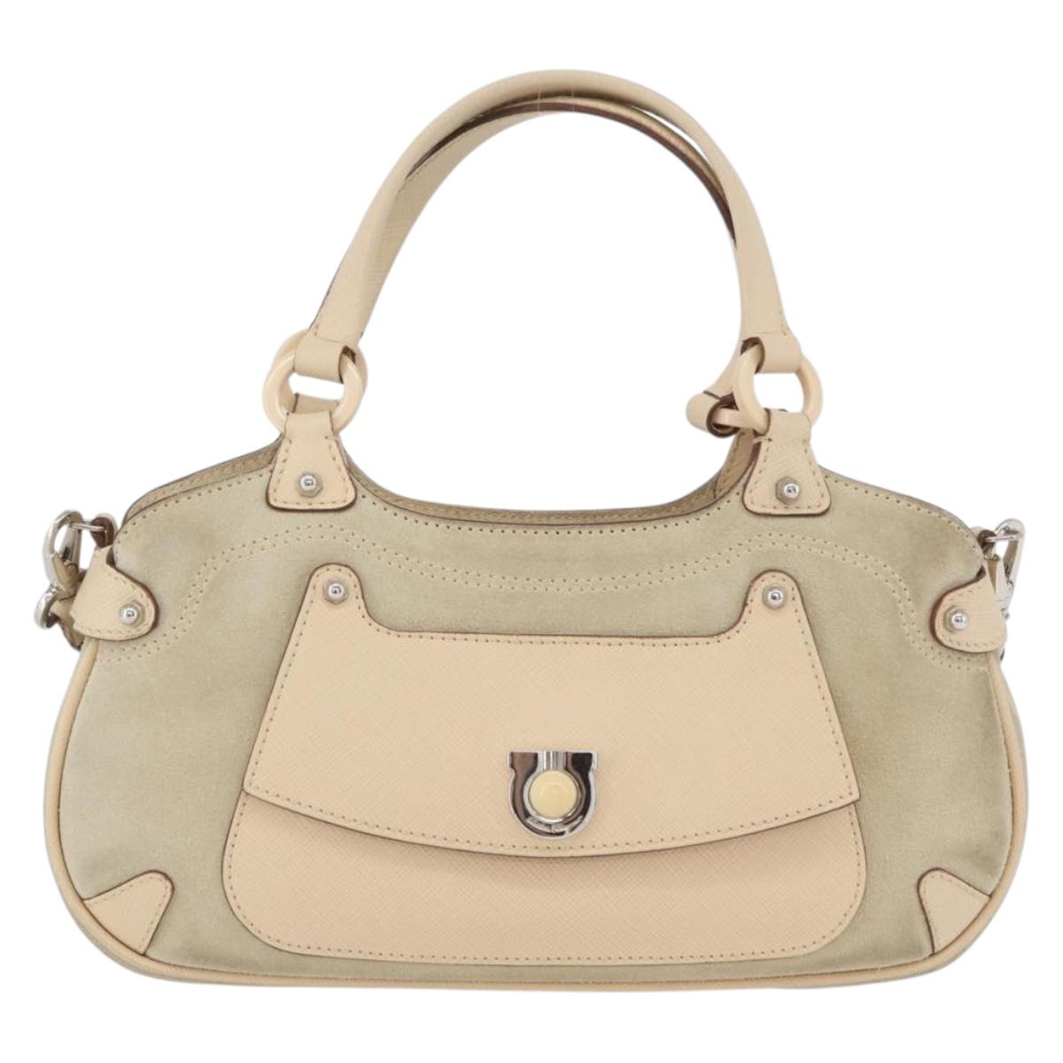 Salvatore Ferragamo Hand Bag Suede 2way Beige Silver Auth BA11445