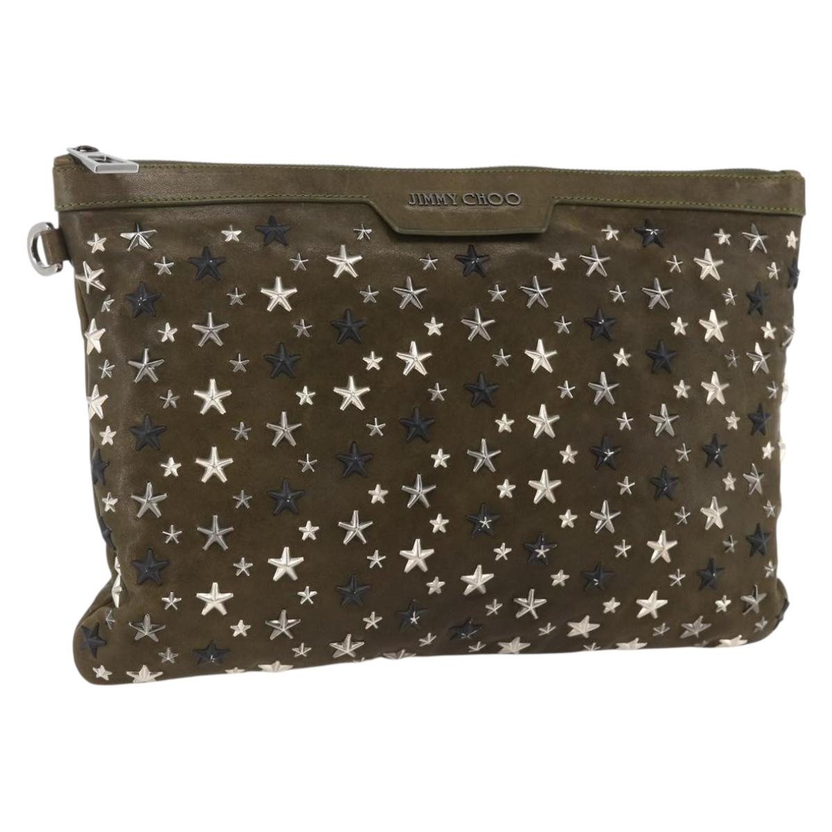 Jimmy Choo Studs Clutch Bag Leather Khaki Auth BA11453