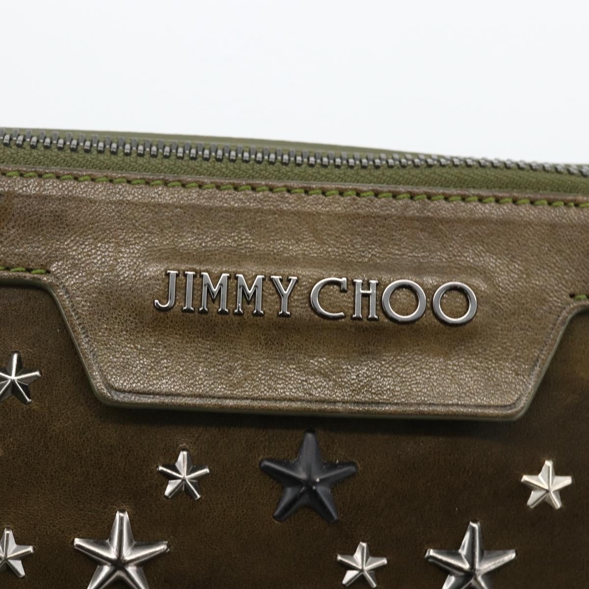 Jimmy Choo Studs Clutch Bag Leather Khaki Auth BA11453