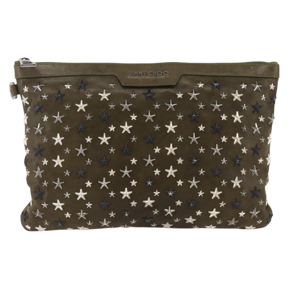 Jimmy Choo Studs Clutch Bag Leather Khaki Auth BA11453