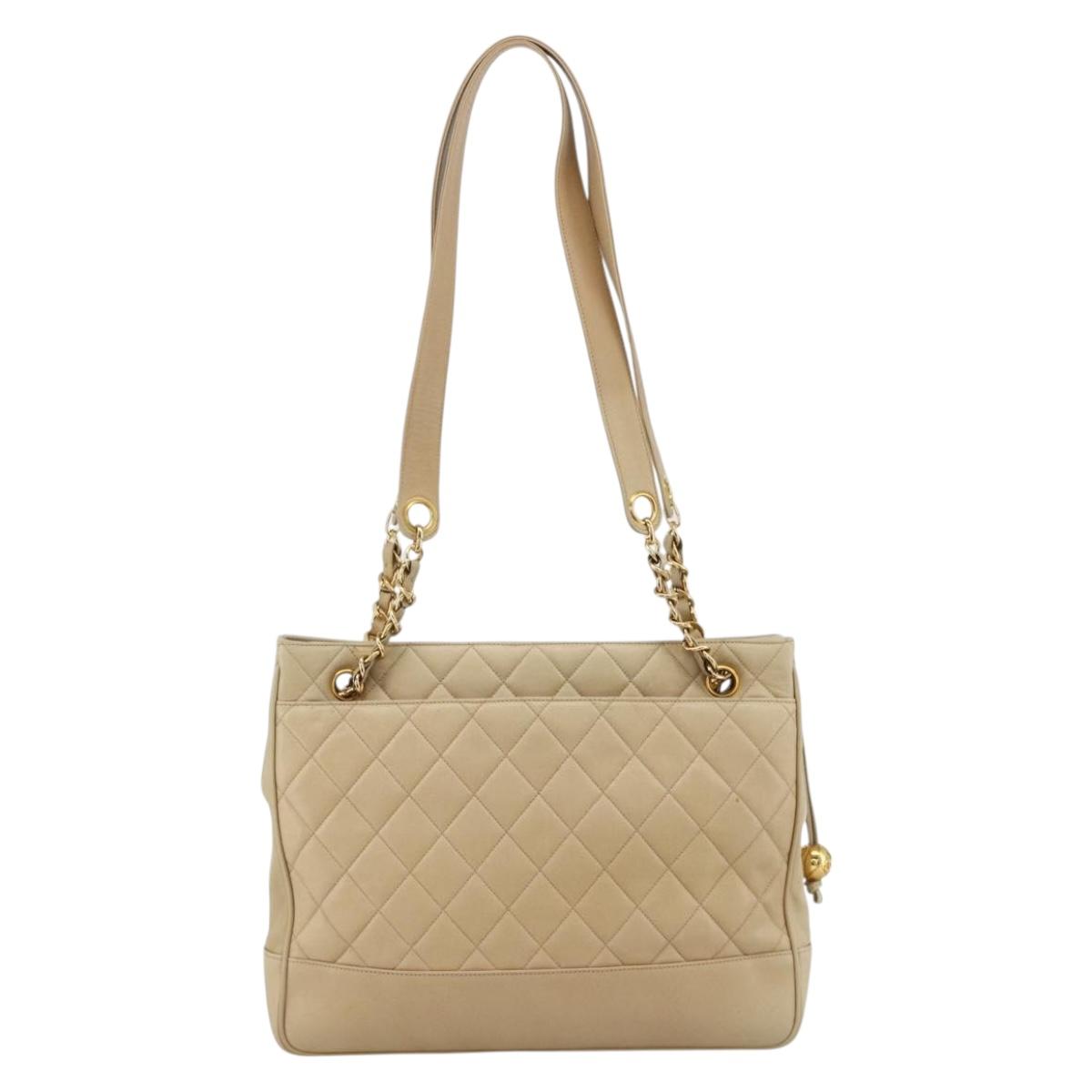CHANEL Matelasse Chain Shoulder Bag Lamb Skin Beige Gold CC Auth BA11455A