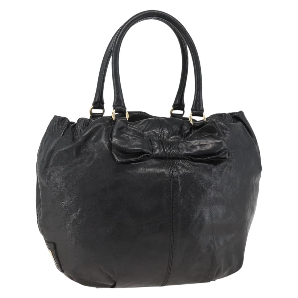 VALENTINO Ribbon Tote Bag Leather Black Gold Auth BA11469