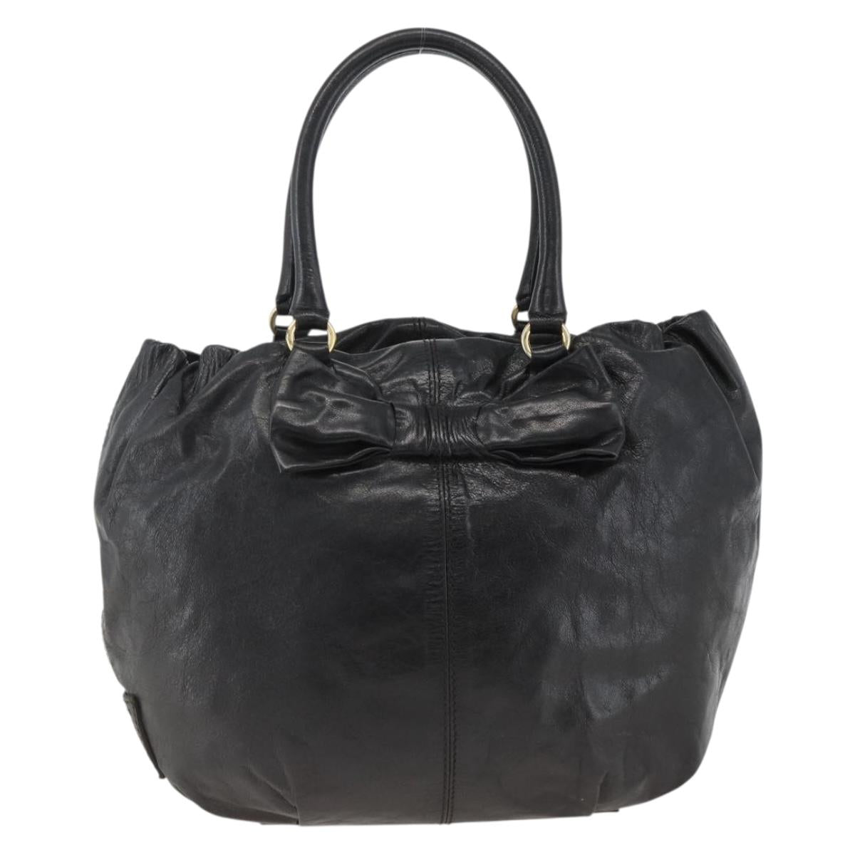 VALENTINO Ribbon Tote Bag Leather Black Gold Auth BA11469