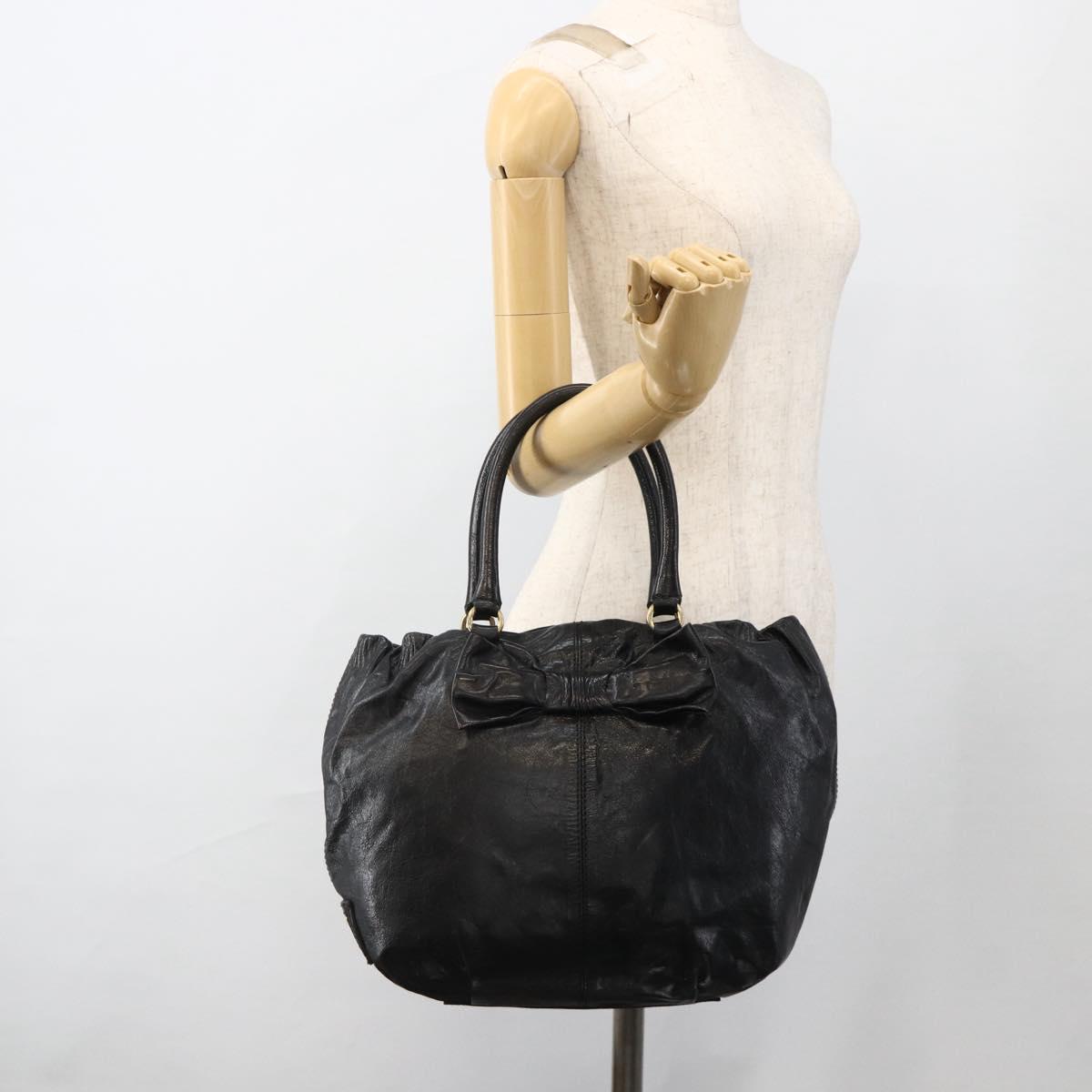 VALENTINO Ribbon Tote Bag Leather Black Gold Auth BA11469