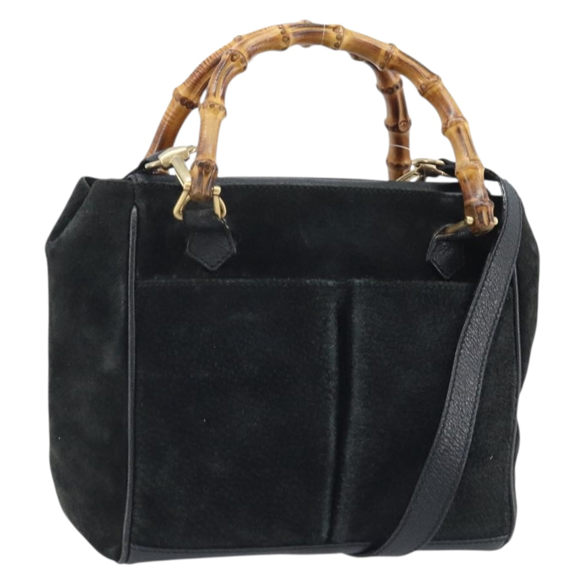 GUCCI Bamboo Hand Bag Suede 2way Black Gold 000 122 0316 Auth BA11541