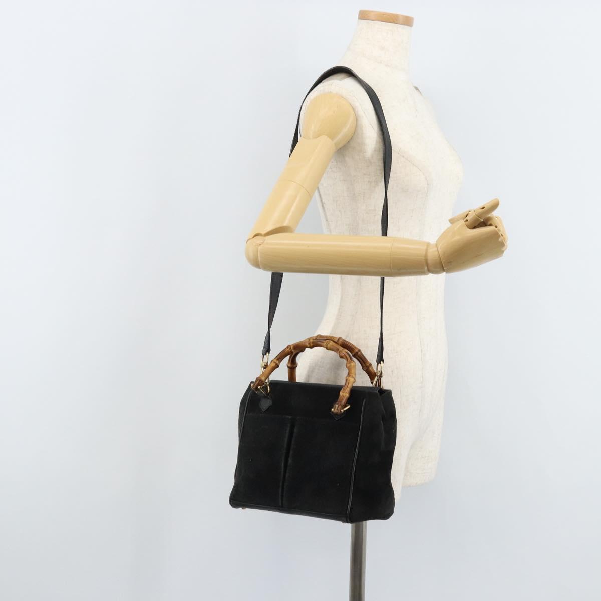 GUCCI Bamboo Hand Bag Suede 2way Black Gold 000 122 0316 Auth BA11541