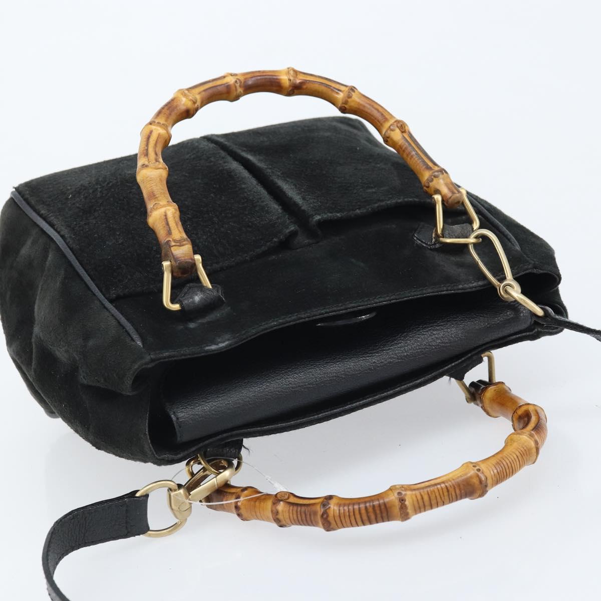 GUCCI Bamboo Hand Bag Suede 2way Black Gold 000 122 0316 Auth BA11541