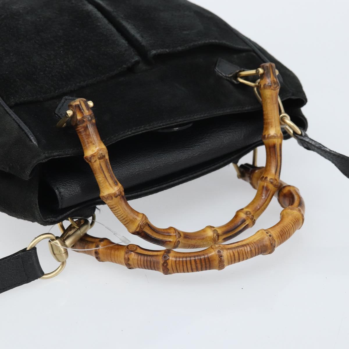 GUCCI Bamboo Hand Bag Suede 2way Black Gold 000 122 0316 Auth BA11541