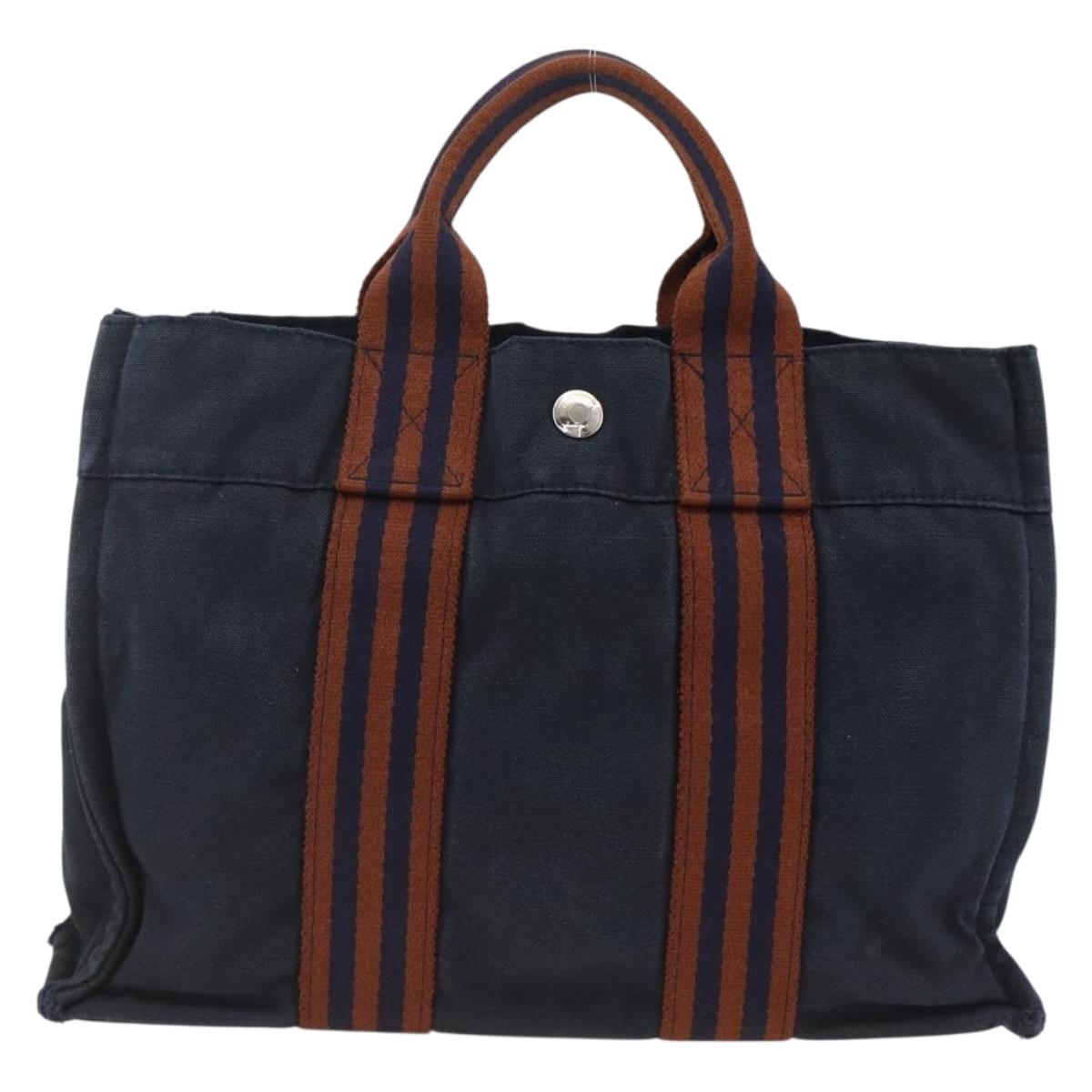 HERMES Fourre Tout PM Tote Bag Canvas Navy Silver Auth BA11564
