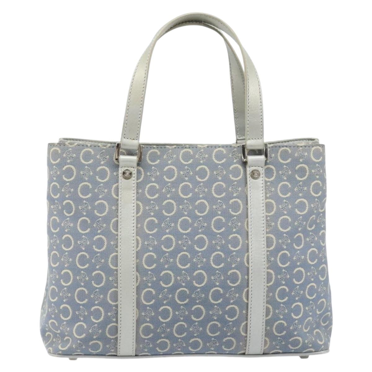 CELINE C Macadam Canvas Hand Bag Light Blue Silver Auth BA11640