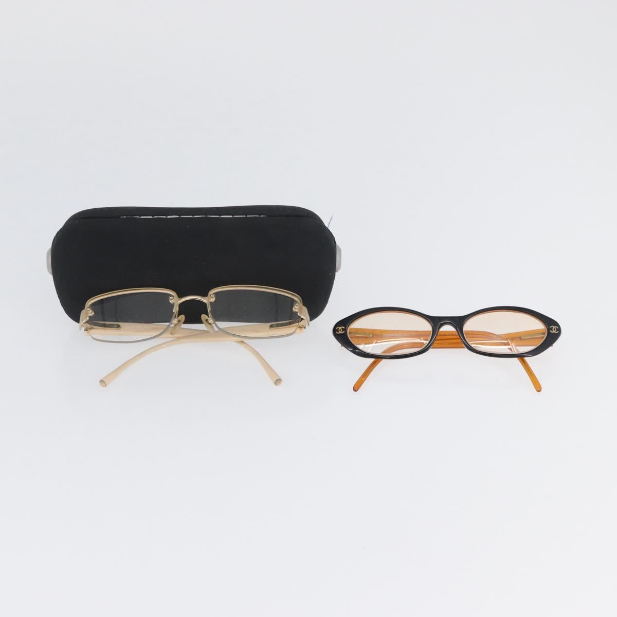 CHANEL Glasses plastic 2 Set Brown Beige CC Auth BA11642