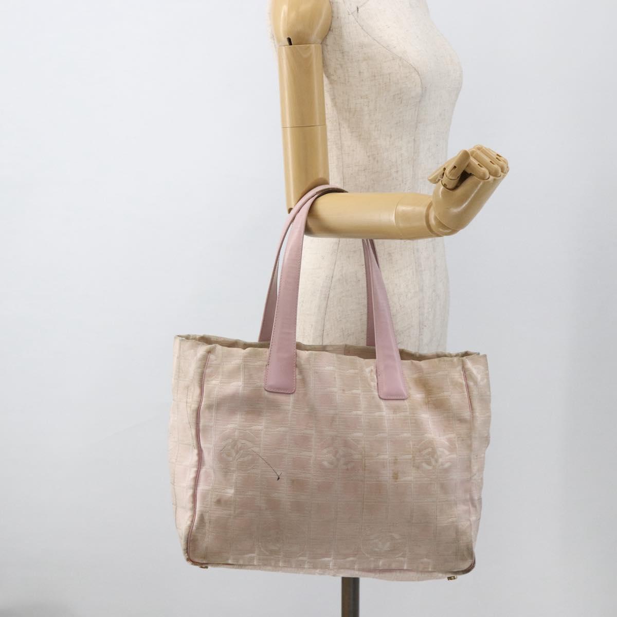 CHANEL New Travel Line Tote Bag Nylon Pink Gold CC Auth BA11645