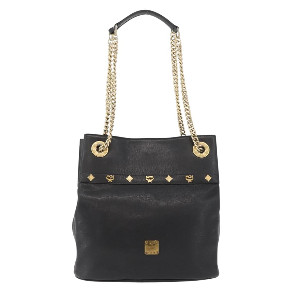 MCM Chain Shoulder Bag Leather Black Gold Auth BA11650