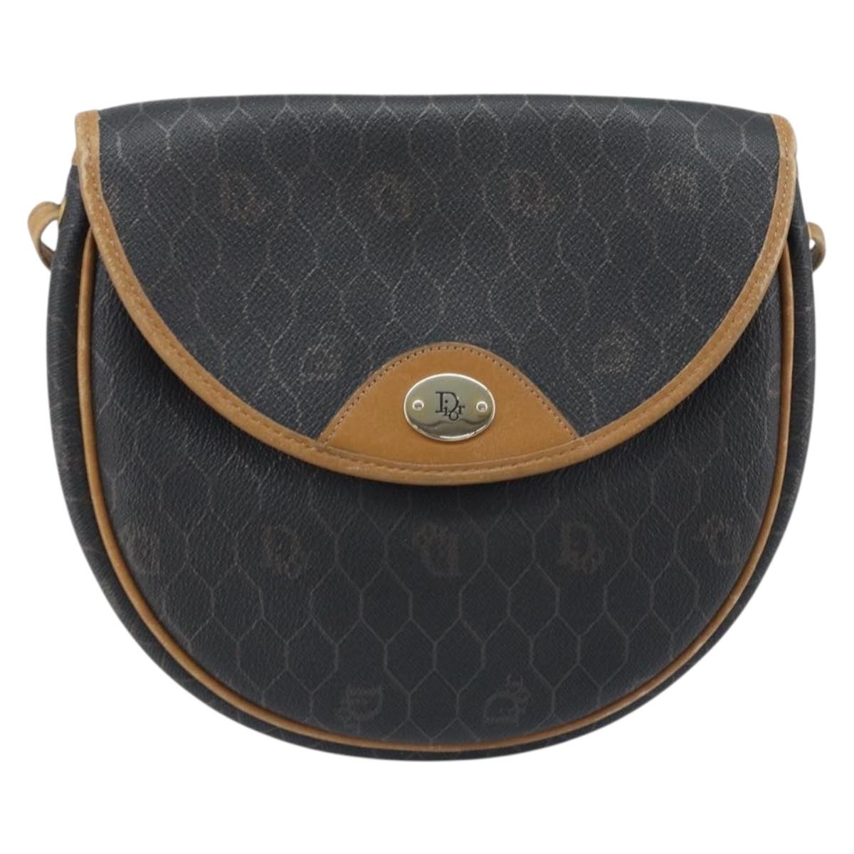 Christian Dior Honeycomb Canvas Shoulder Bag PVC Black Gold Auth BA11669