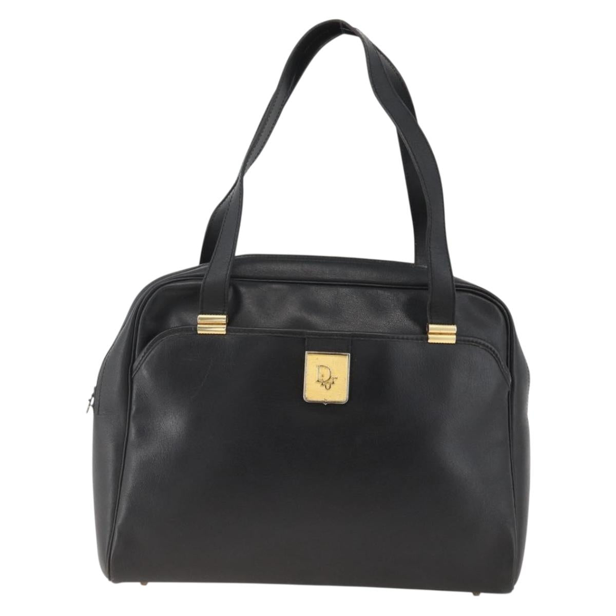 Christian Dior Hand Bag Leather Black Gold Auth BA11678