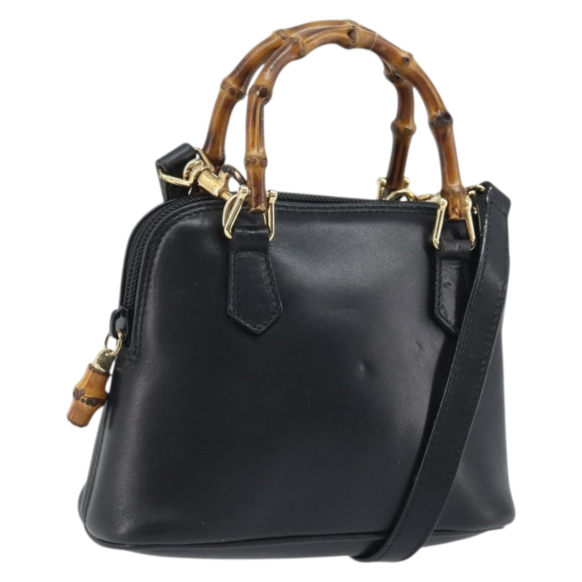 GUCCI Bamboo Hand Bag Leather 2way Black Gold 007 2865 0231 Auth BA11694
