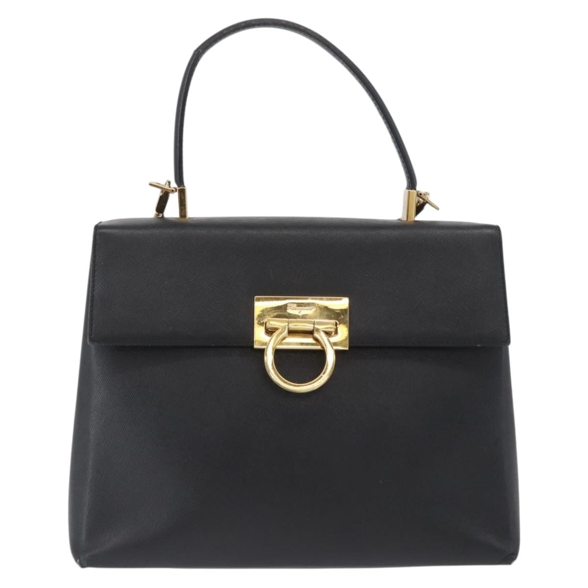 Salvatore Ferragamo Gancini Hand Bag Leather 2way Black Gold Auth BA11707