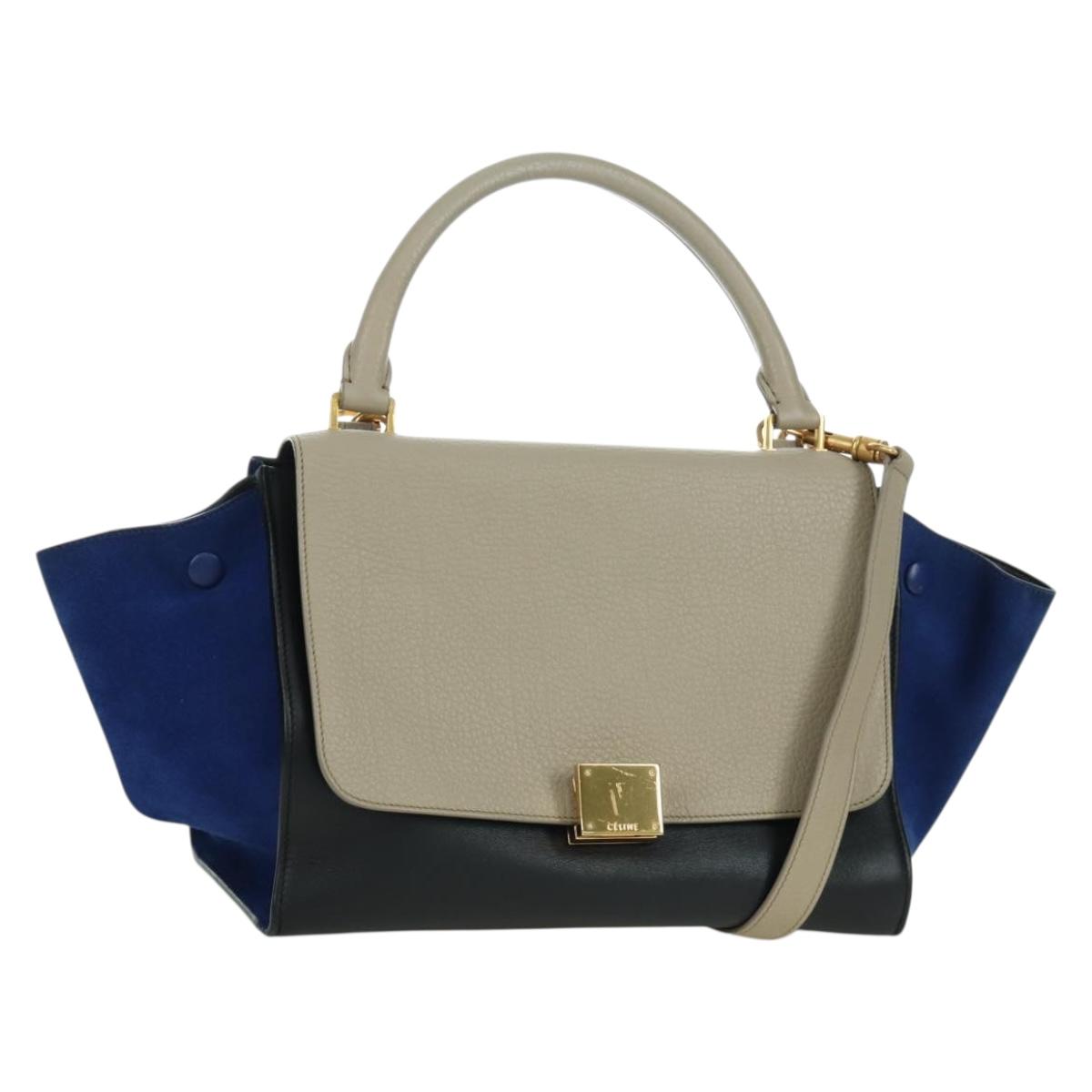 CELINE Trapeze Hand Bag Leather 2way Blue Silver Auth BA11737A