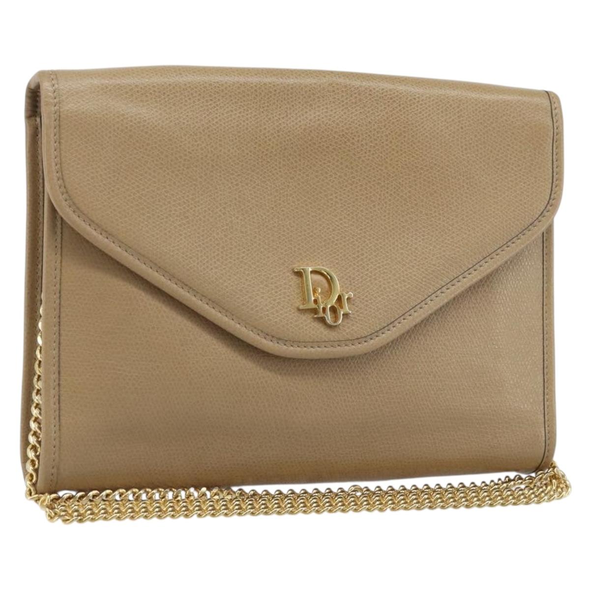 Christian Dior Chain Shoulder Bag Leather Beige Gold Auth BA11746A