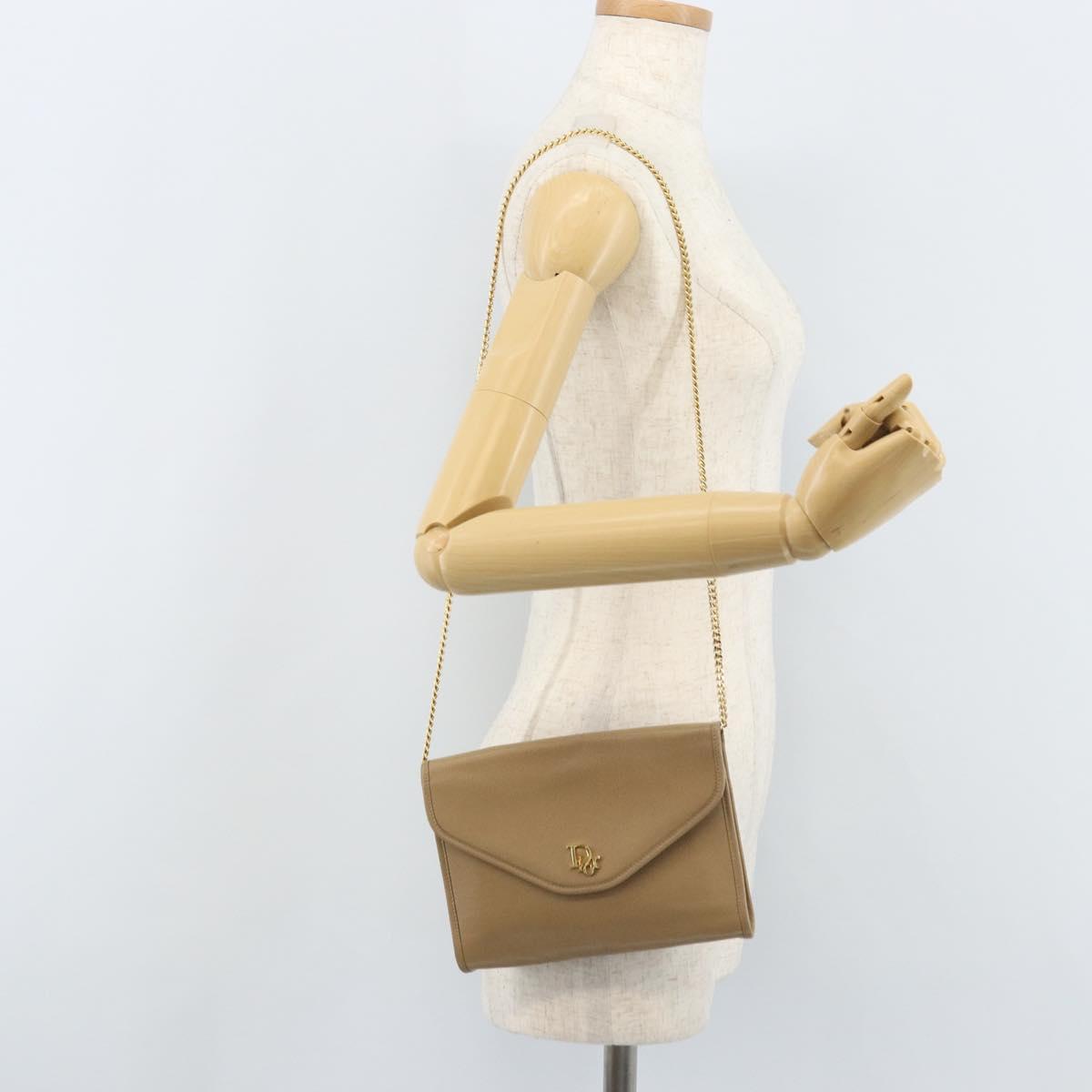 Christian Dior Chain Shoulder Bag Leather Beige Gold Auth BA11746A