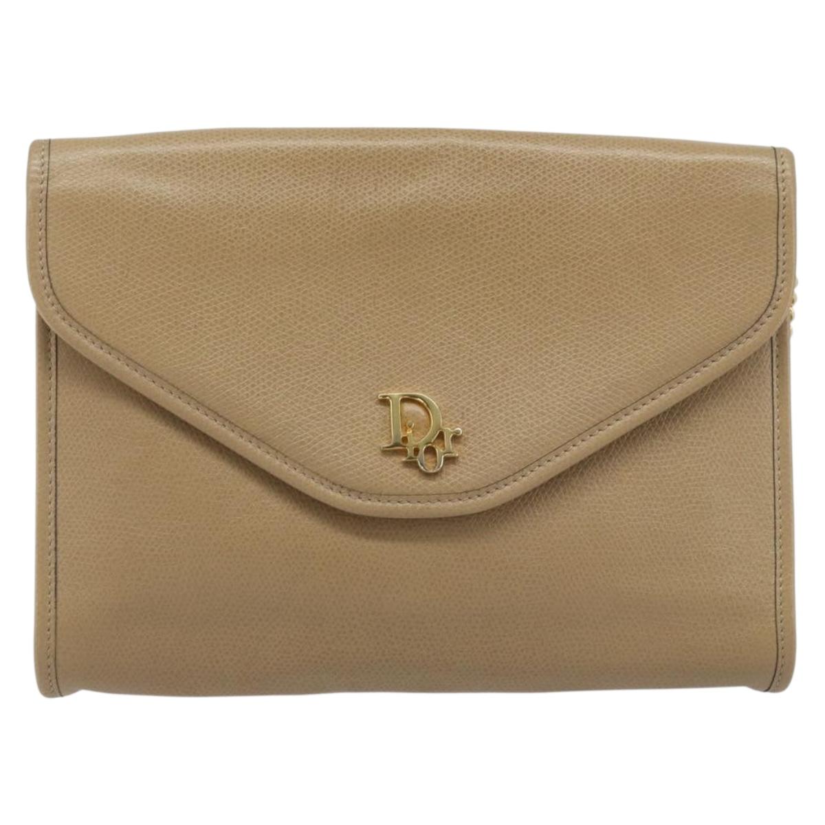 Christian Dior Chain Shoulder Bag Leather Beige Gold Auth BA11746A