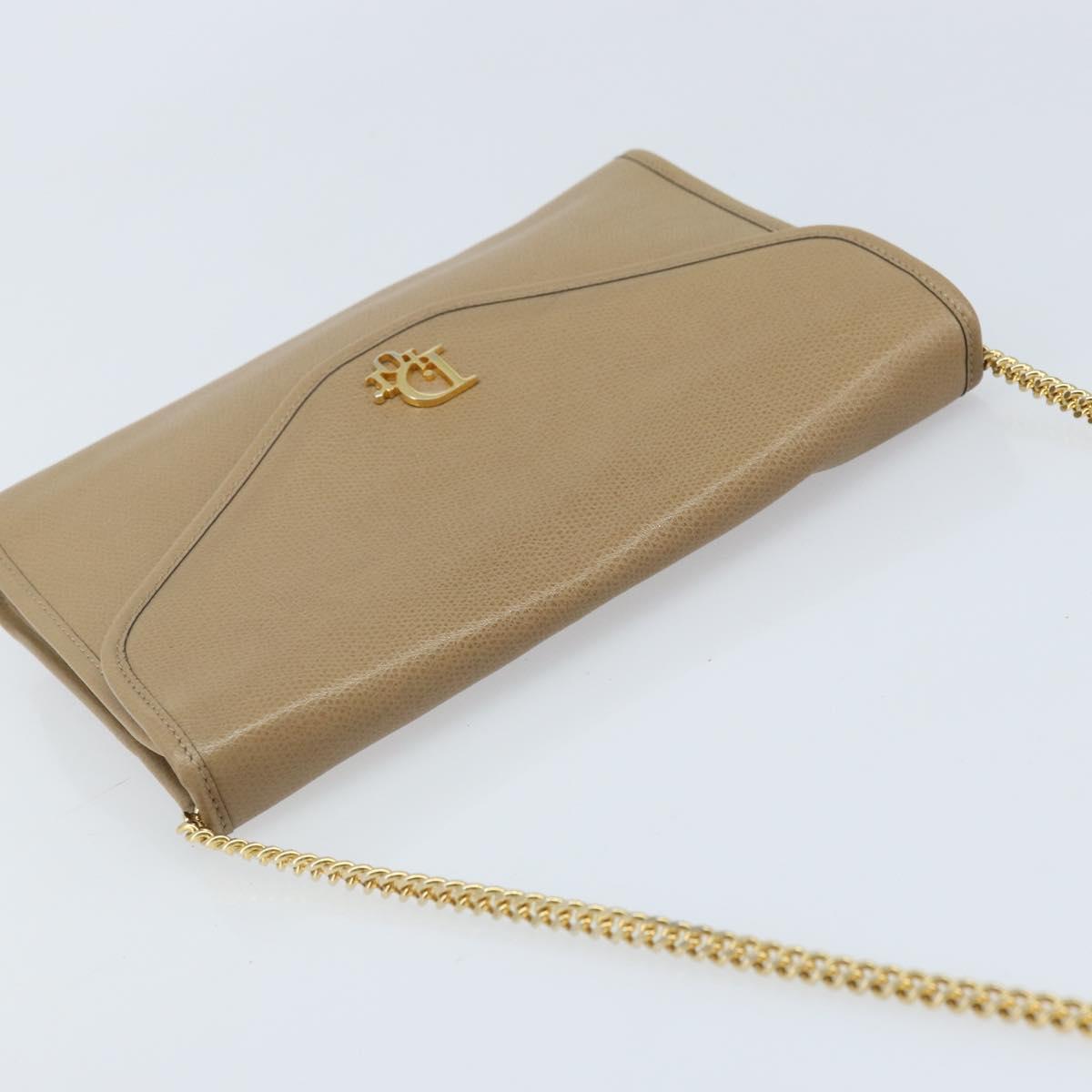 Christian Dior Chain Shoulder Bag Leather Beige Gold Auth BA11746A